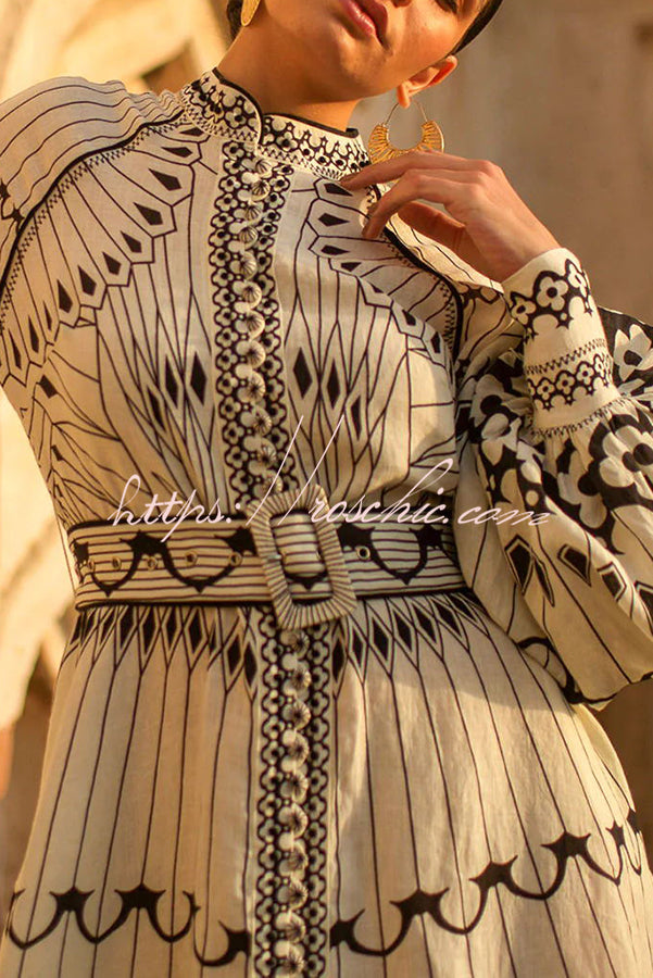 Perfect for Spring Linen Blend Print Button Balloon Sleeve Belted Shirt Midi Dress