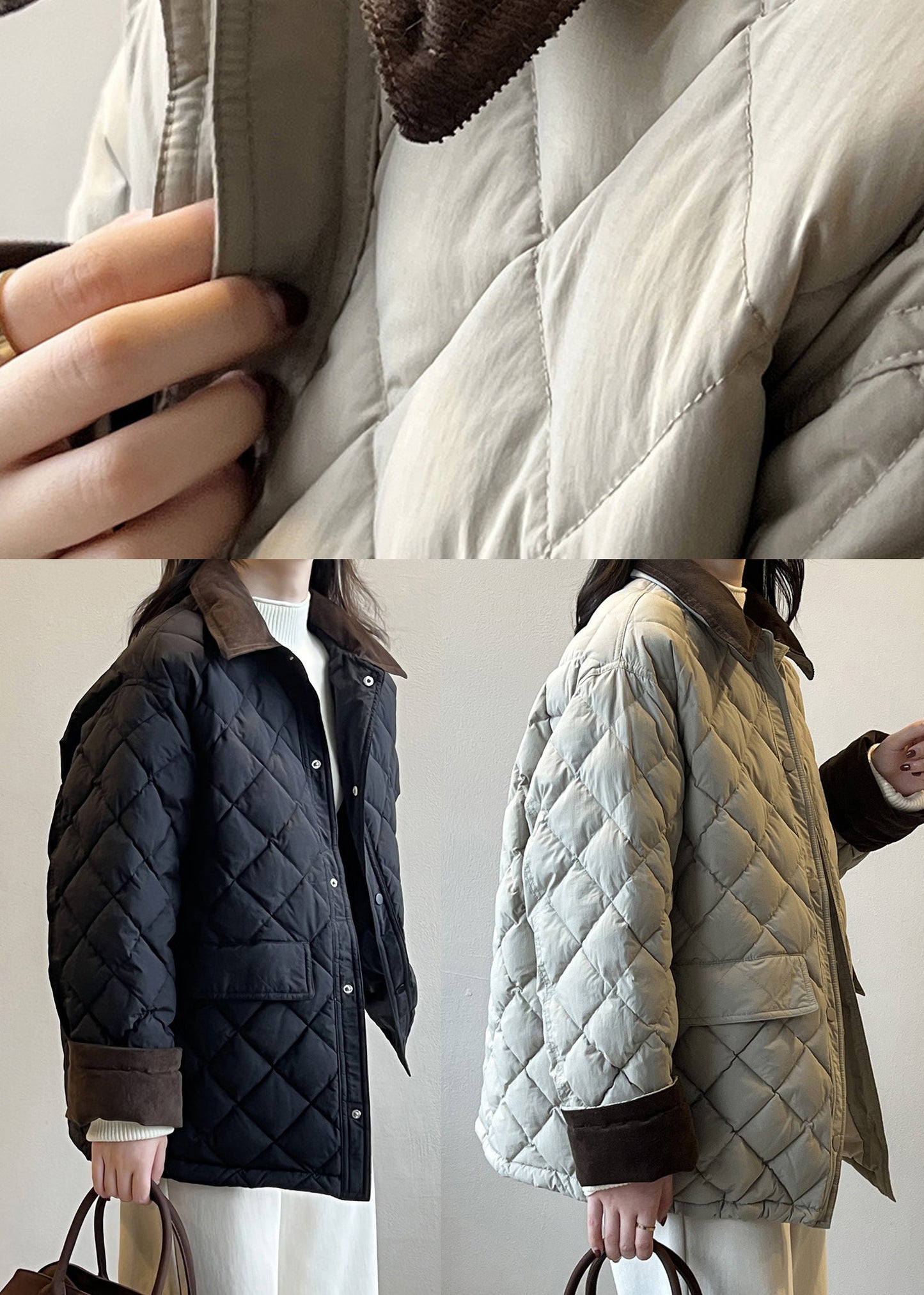 Black Pockets Corduroy Duck Down Puffer Coat Peter Pan Collar Winter Af1045