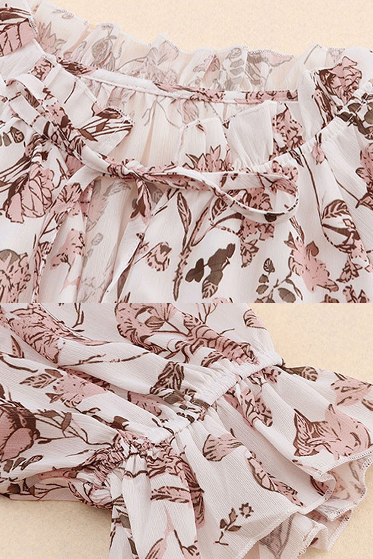 Print V-neck Strap Long Sleeve Blouse