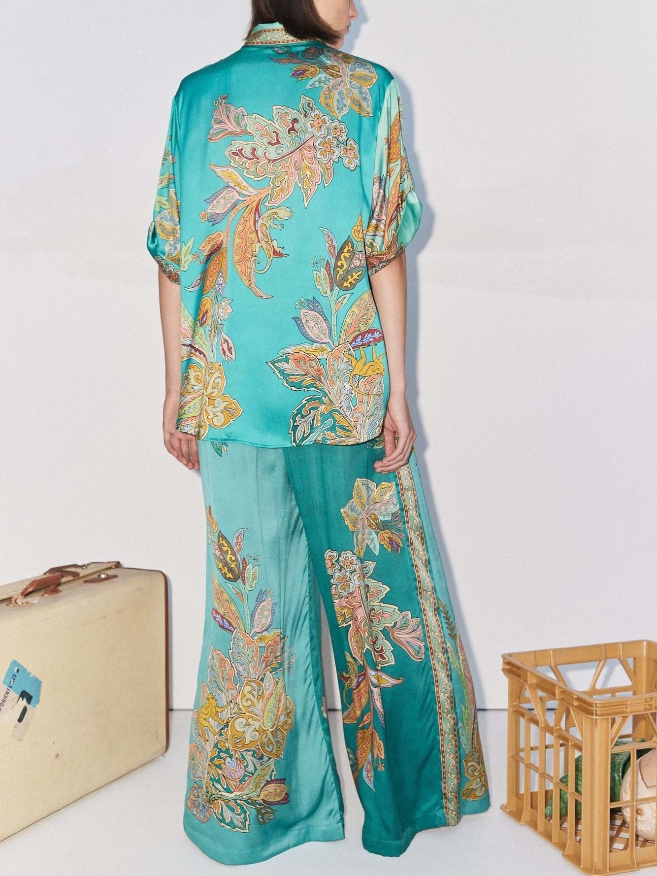 Exquisite Satin Unique Plant Flower Print Loose Wide-leg Pants