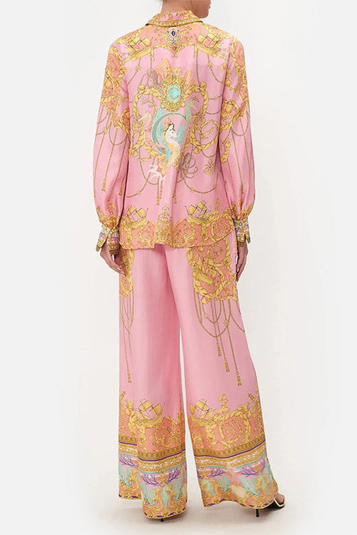Unique Print Lantern Long Sleeves Blouse Shirt and Wide Leg Pants Holiday Outfit Set