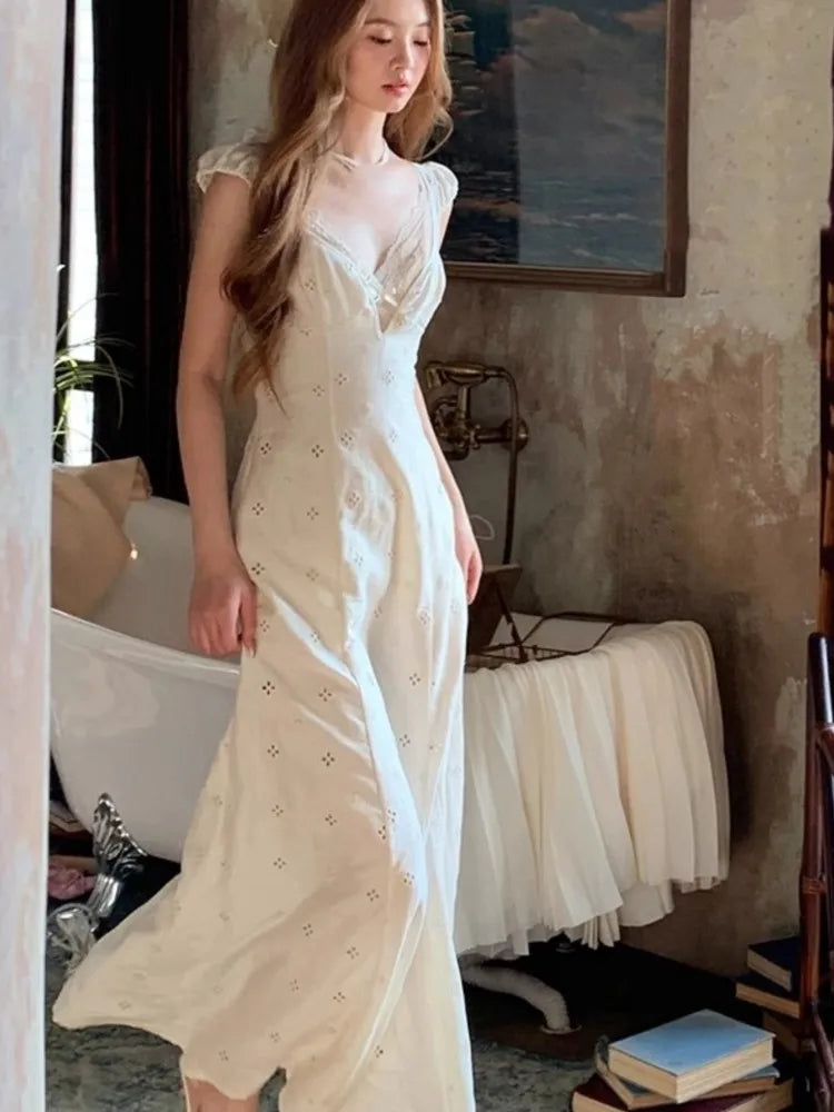 New Summer Hollow Out Midi Dress V-neck Vocation French Style White Dress Korean Slim Vestidos