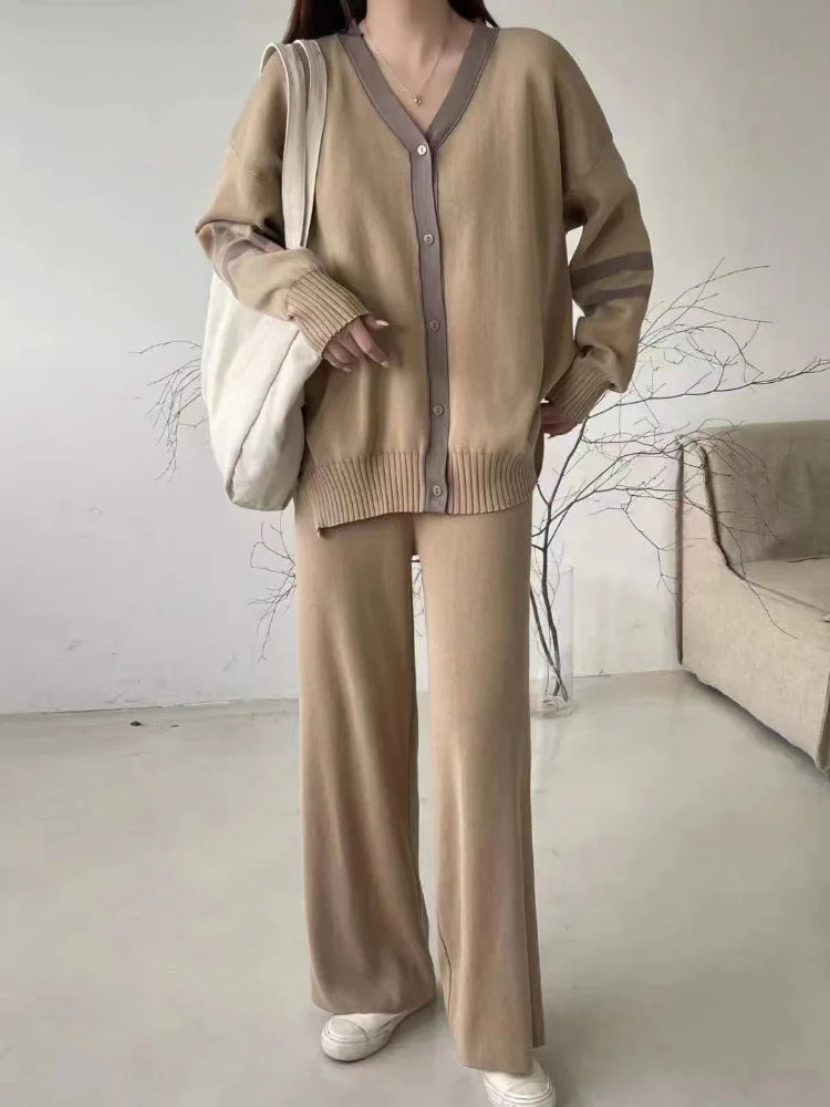 Loose 2 Piece-set Knitwear Contrast for Outwear and Wide Leg Trousers Outfits Knit ’s Pants Sets