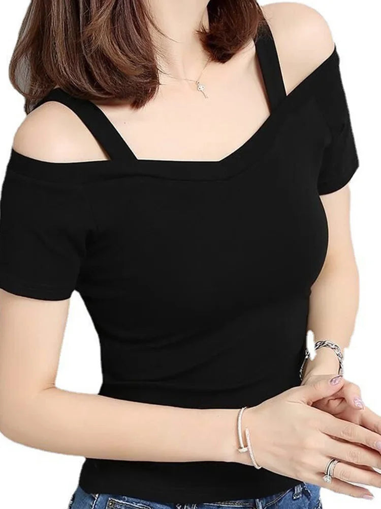 Y2k Short Sleeve T-shirt Shoulder Off Korean Tee Shirt Femme Slim V-neck Tshirt Womacn Summer Clothes Top