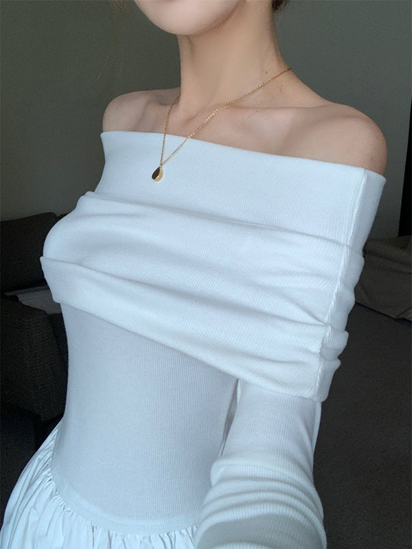 Long Sleeves Pleated Color Split-joint Off-the-shoulder Maxi Dresses