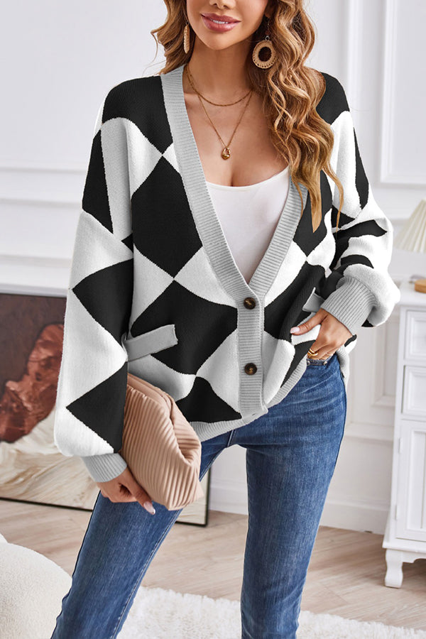 V-neck Geometric Patchwork Contrasting Knitted Cardigan Loose Jacket