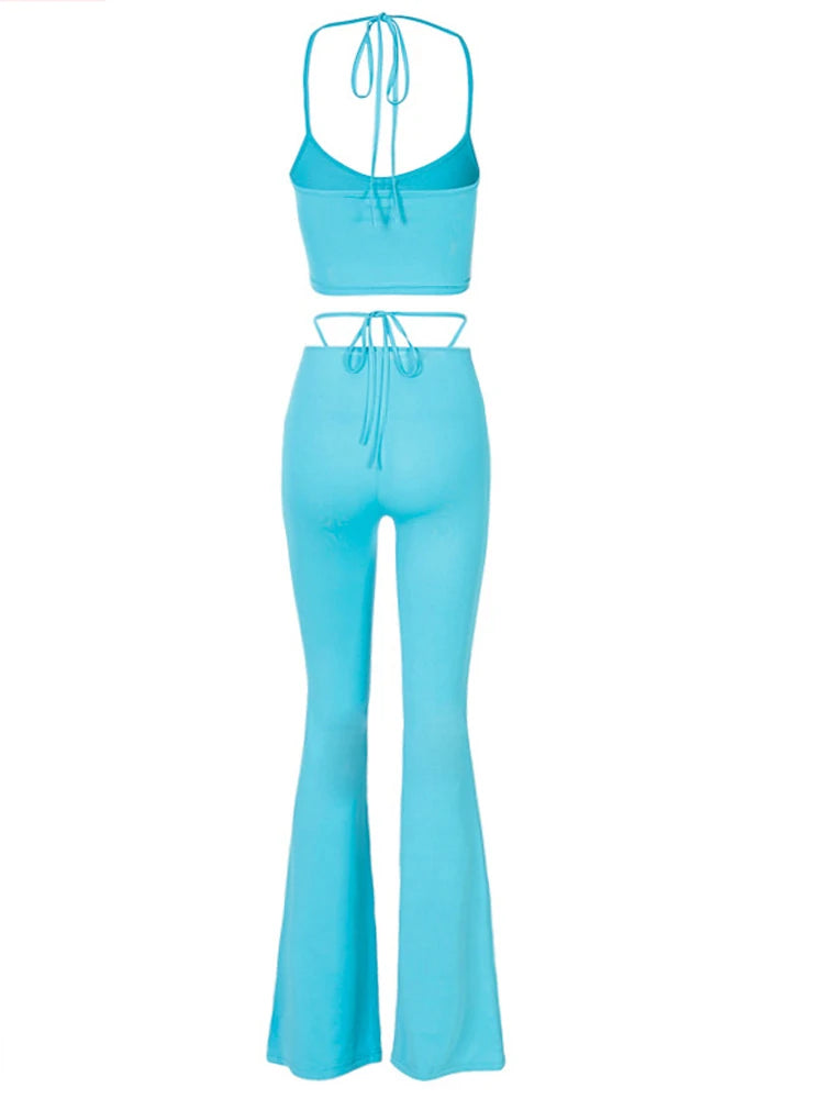 New Two Piece Set for Halter Top and Pants Drawstring Matching Sets Blue High Waist Hollow Out Outfits