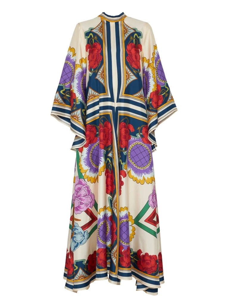 Exquisite Print Draped Waterfall Sleeves Maxi Dress