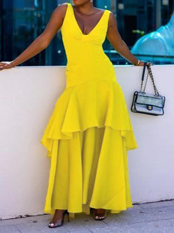 A-line Loose Color Split-joint Tiered V-neck Evening Dresses Maxi Dresses