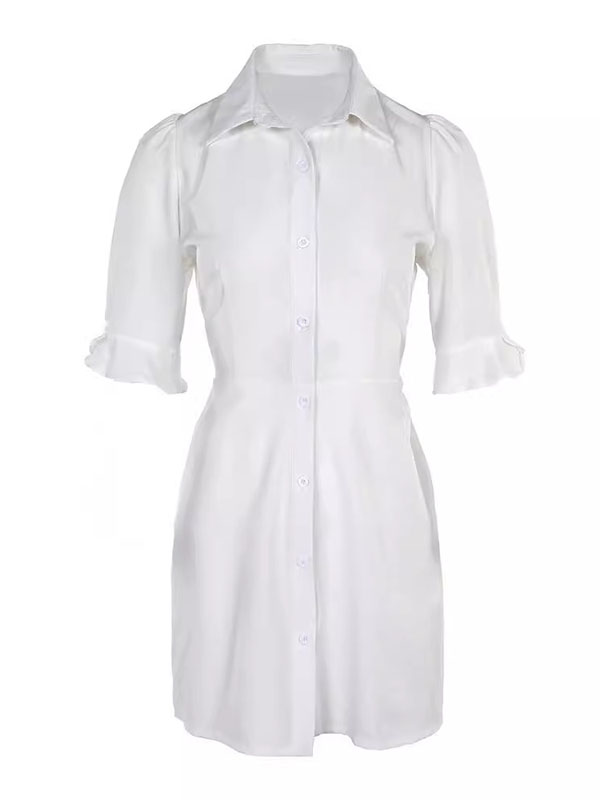 A-line Flared Sleeves Buttoned Pleated Pockets Color Split-joint Lapel Mini Dresses Shirt Dress
