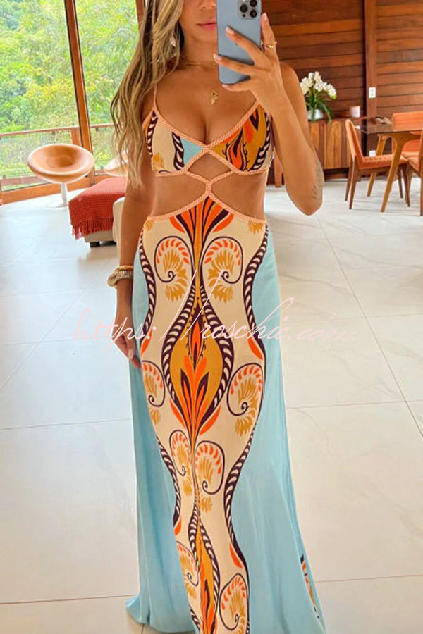 Summer Symphony Linen Blend Unique Print Cutout Waist Back Tie-up Maxi Dress