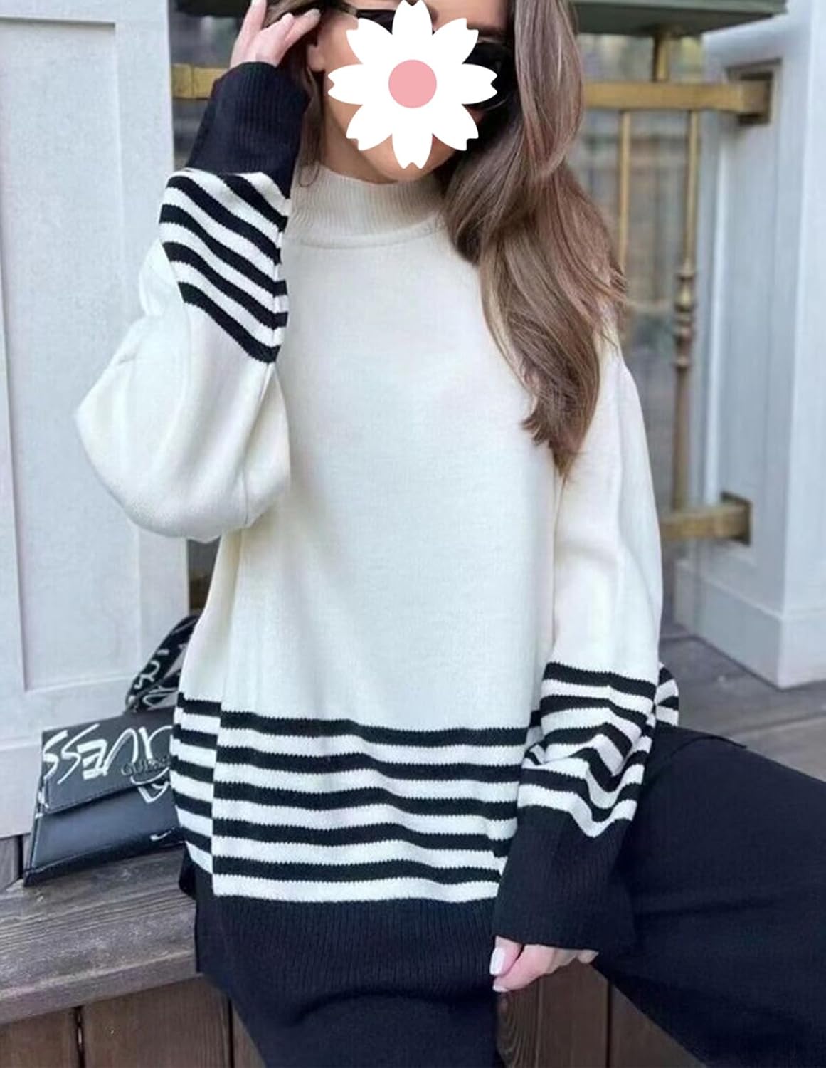 Black - Striped Half-turtleneck Sweater Two Piece Set