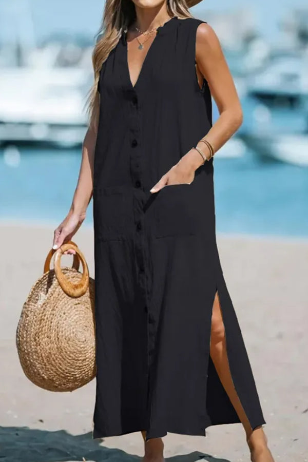 Cotton and Linen Sleeveless Loose V-neck Maxi Dress