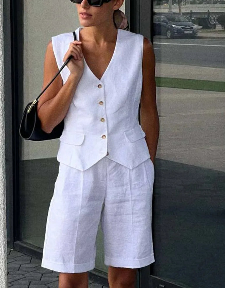 White Cotton V-neck Knee Shorts Office Two Piece Set