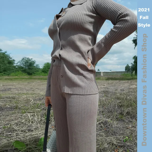 Ol Homewear Leisure Knitted Suit Autumn Long Sleeve Shirts and Wide Legs Pants Suit Two Piece Sets Outfits