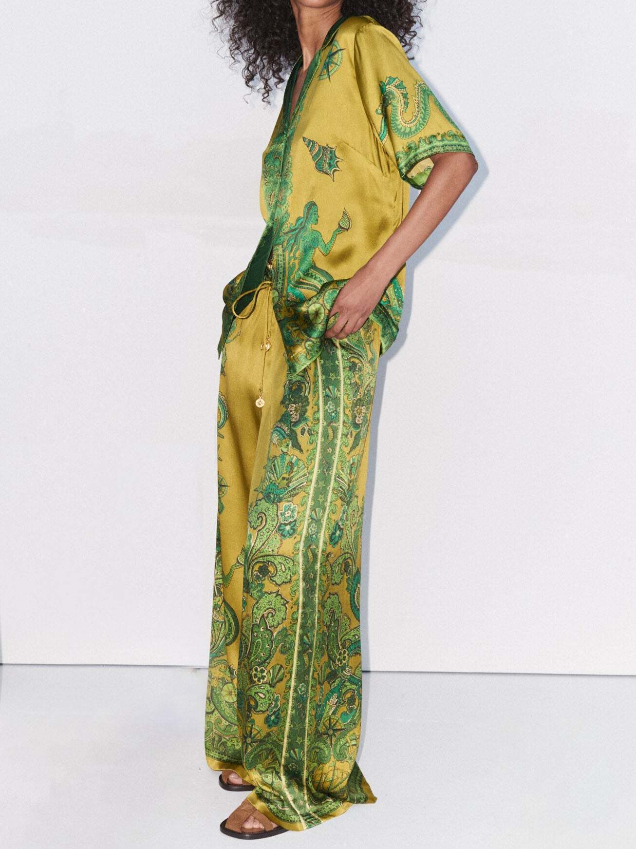 Exquisite Satin Unique Print Wide Leg Pants