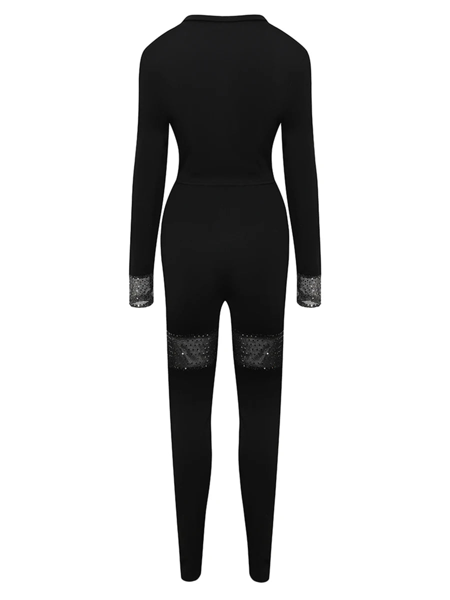 Crop Top See Through Sequined Pants Set Long Sleeve Two-pieces Autumn Round Neck Crop Top Pant