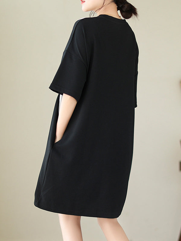 Loose Short Sleeves Split-joint Round-neck Mini Dresses