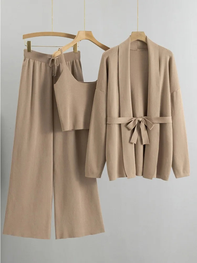 Autumn Knit 3 Piece-set for Outfits Lace-up Vest Outwear Wide Leg Trousers Outfits Pleated Sets