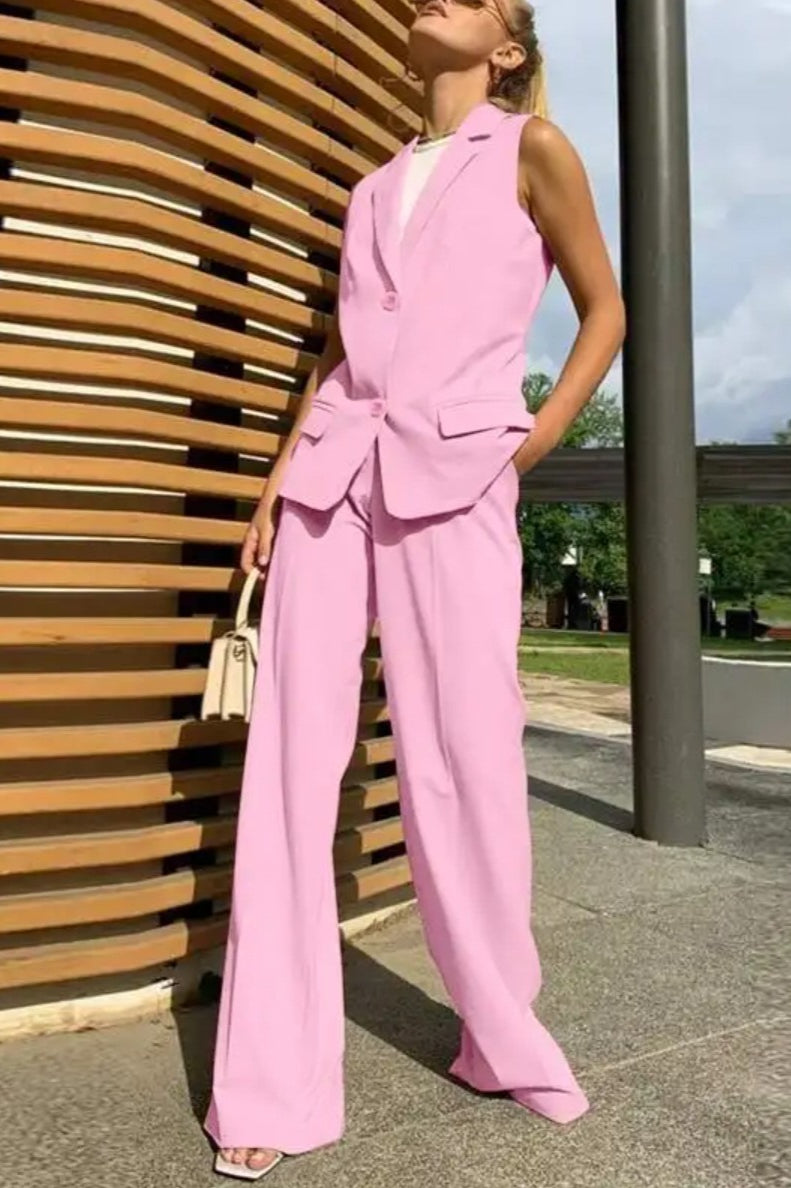 Flowy Wide-leg Pant With Matching Vest Blazer