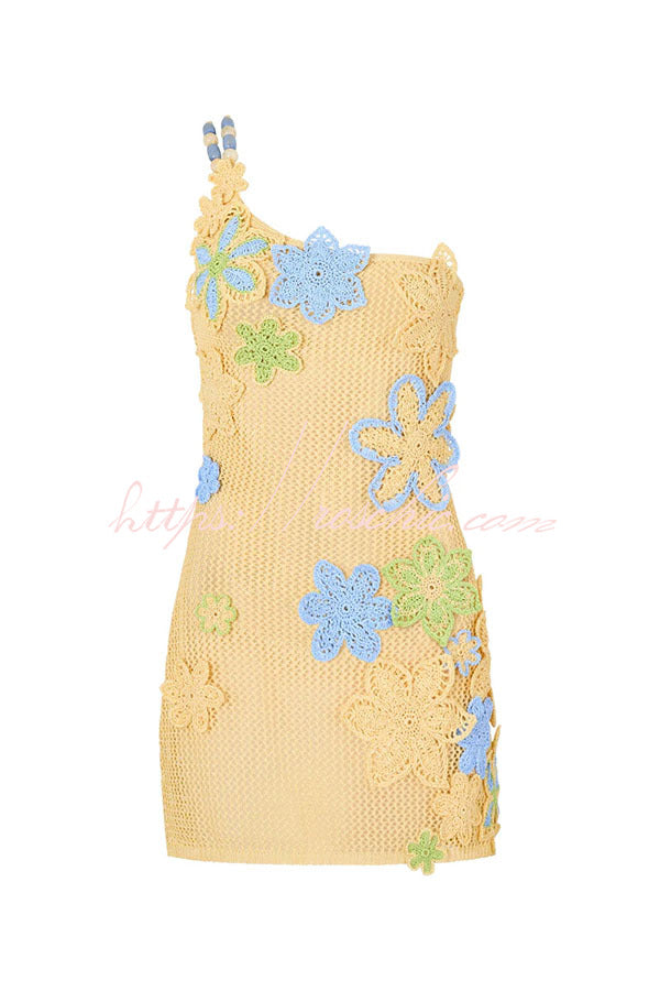Nammos Knit Crochet Handmade Flower One Shoulder Back Tie-up Stretch Mini Dress