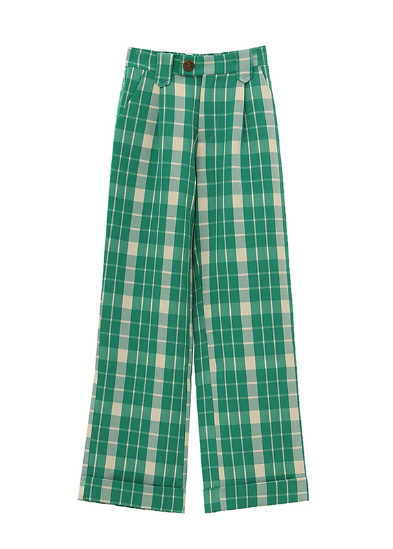 Green Plaid High Waist Straight Pants Spring Tt1019