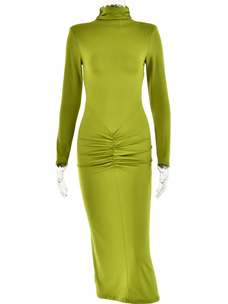 High Neck Long Sleeve Elastic Tight Dress for Folds Bodycon Wrap Hip Midi Dress Female Party Club Evening Dress