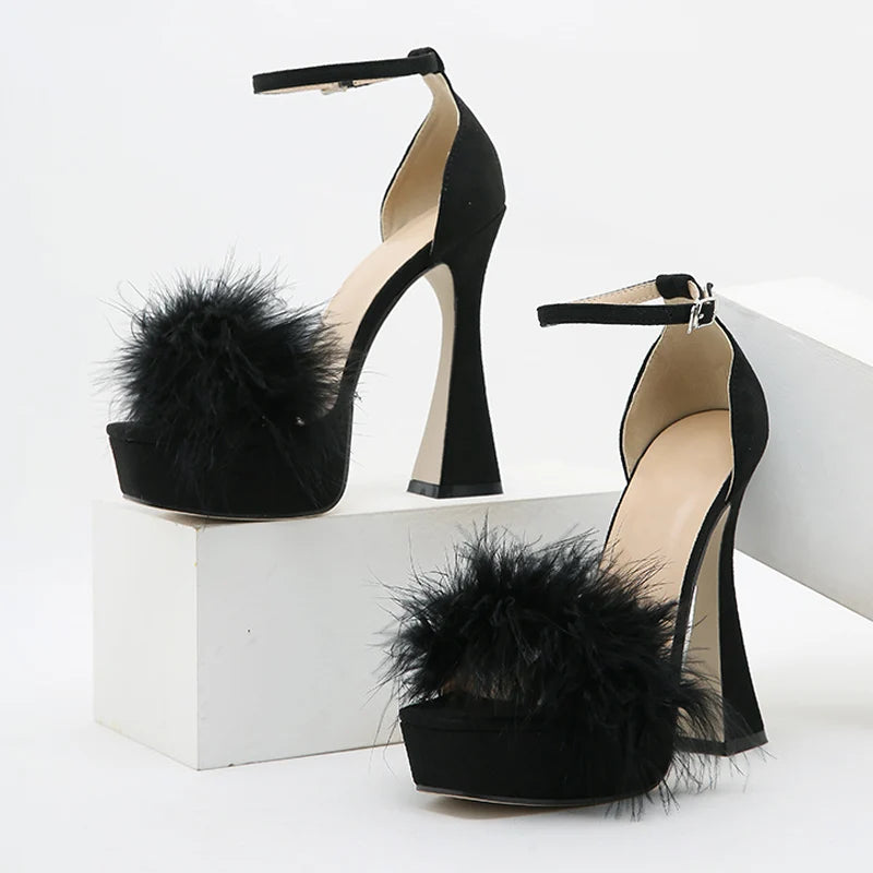 Pink Feather Fluffy High Heels Platform Sandals Peep Toe Ankle Buckle Strap Wedding Dress Shoes Sandalias