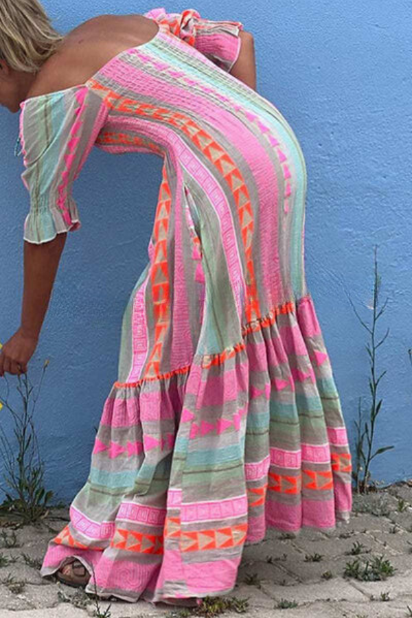 Music Festival Geometric Color Block Pocketed Smocked Maxi Dress