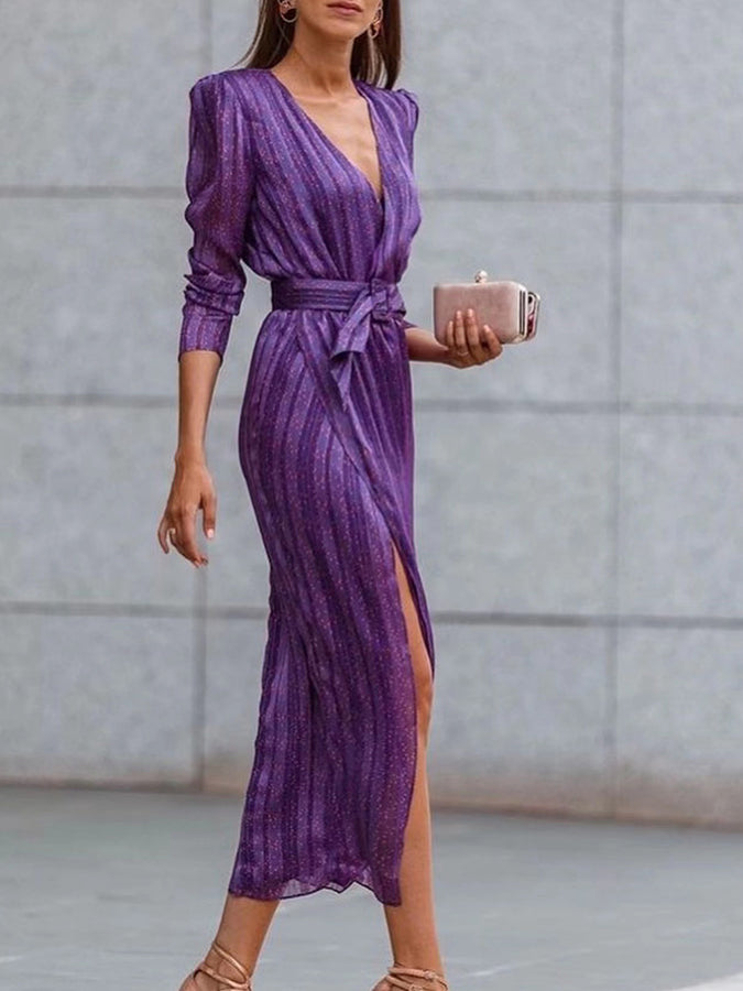 Purple Long Sleeves V Neck Lace-up Maxi Dress