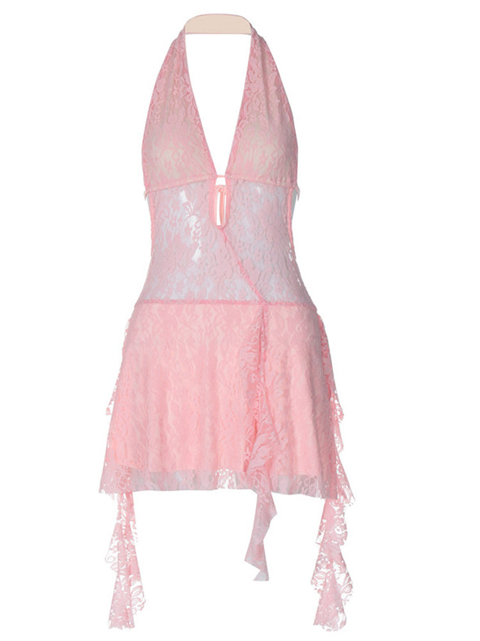 Lace Halter V Neck Mini Dress
