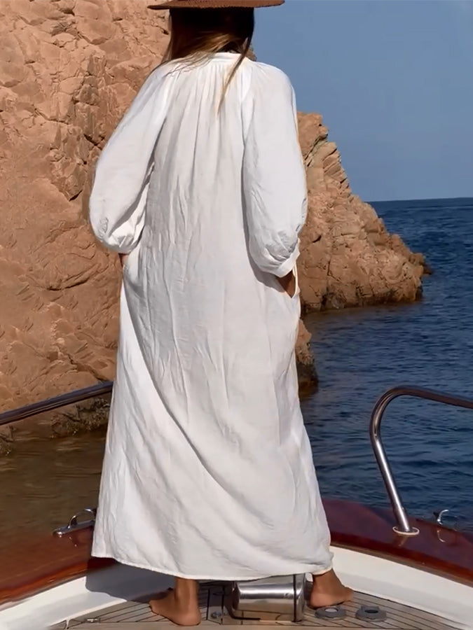 White Half Sleeves Loose Maxi Dress
