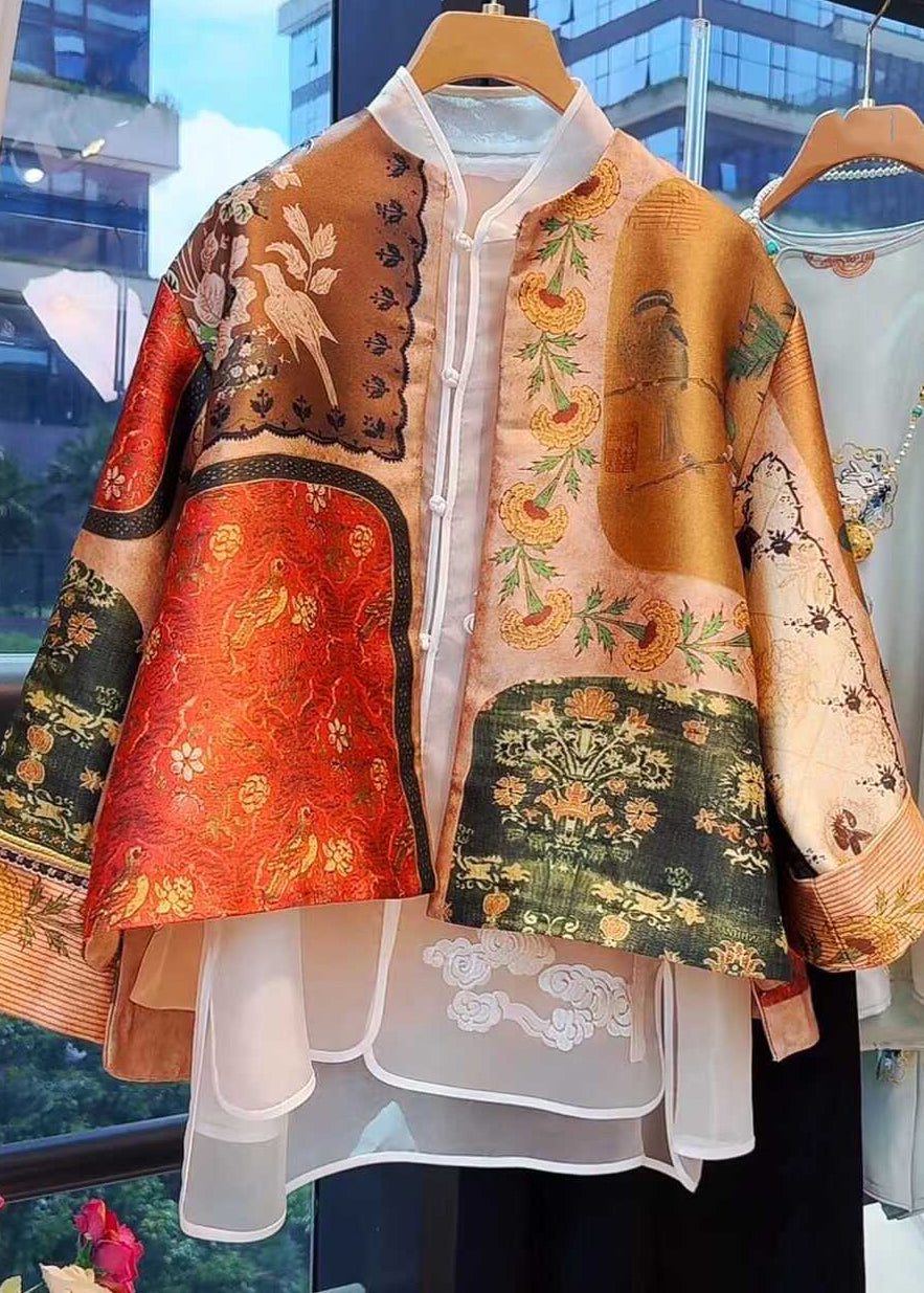 Chinese Style Yellow O-neck Print Silk Coats Spring Tw026