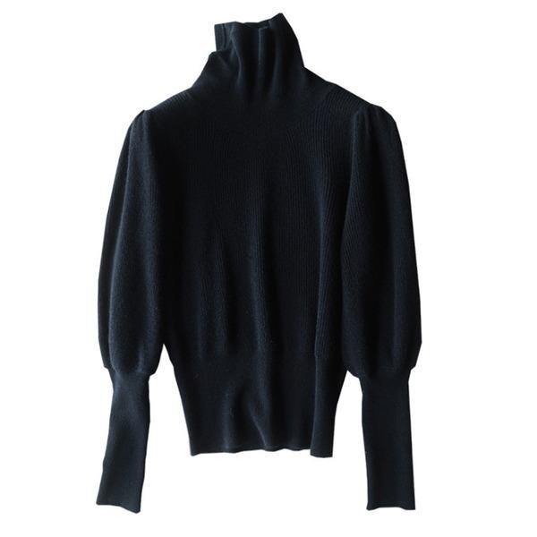 Black Turtleneck Long Puff Sleeve Knit Sweater Tw001