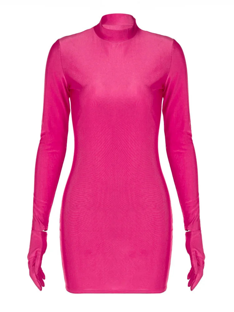 Long Sleeve With Gloves Mini Dress Bodycon Party Half Turtleneck Outfits Y2k Clothes