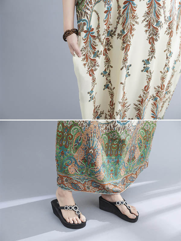 Printed V-neck Batwing Sleeves H-line Maxi Dress