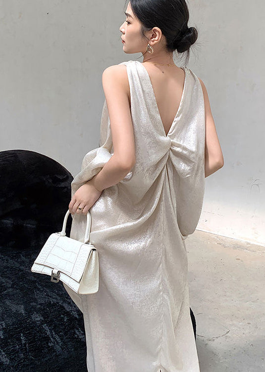 French Beige V Neck Wrinkled Silk Long Dress Sleeveless Ee024