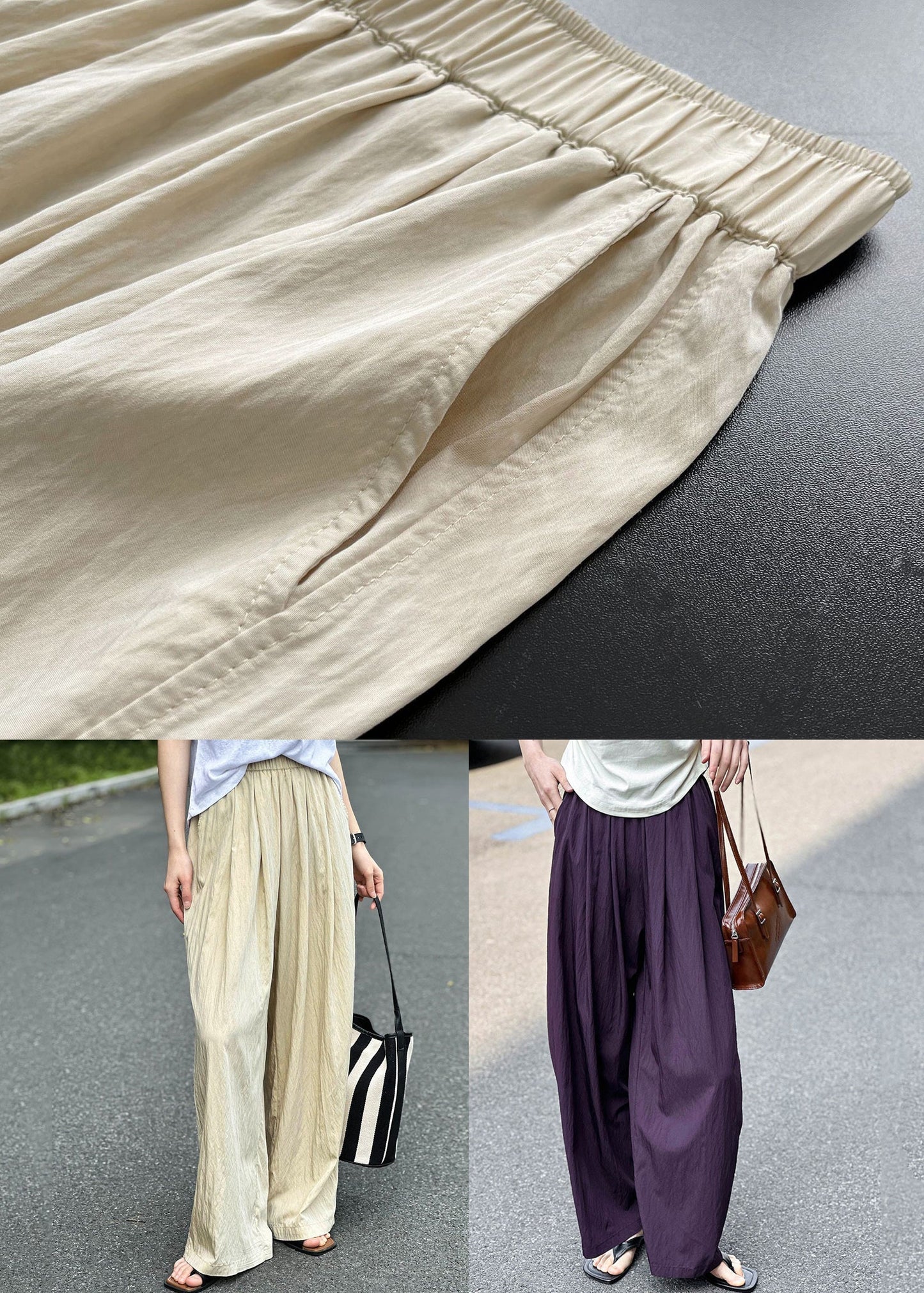 Purple Pockets Elastic Waist Cotton Pants Summer Af1074