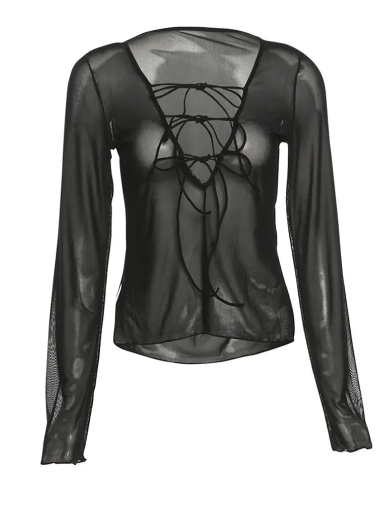 Lace Up V Neck Long Sleeve Black T Shirts for Female Club Wear Mesh Blouses See Through Crop Tops