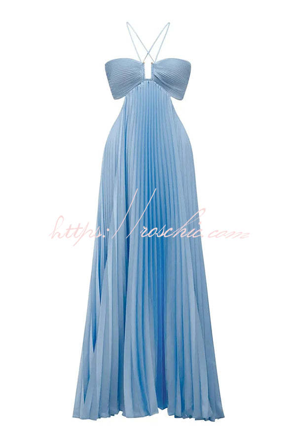 Caught Your Eye Satin Pleated Cross Straps Cutout Flowing Maxi Dress
