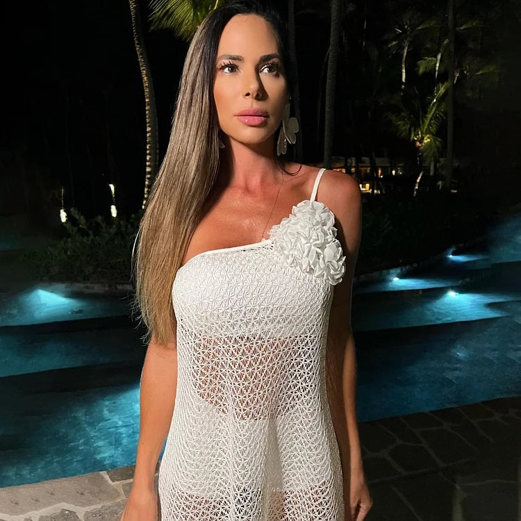 Oblique Shoulder See Through Cover Up and Shorts Set