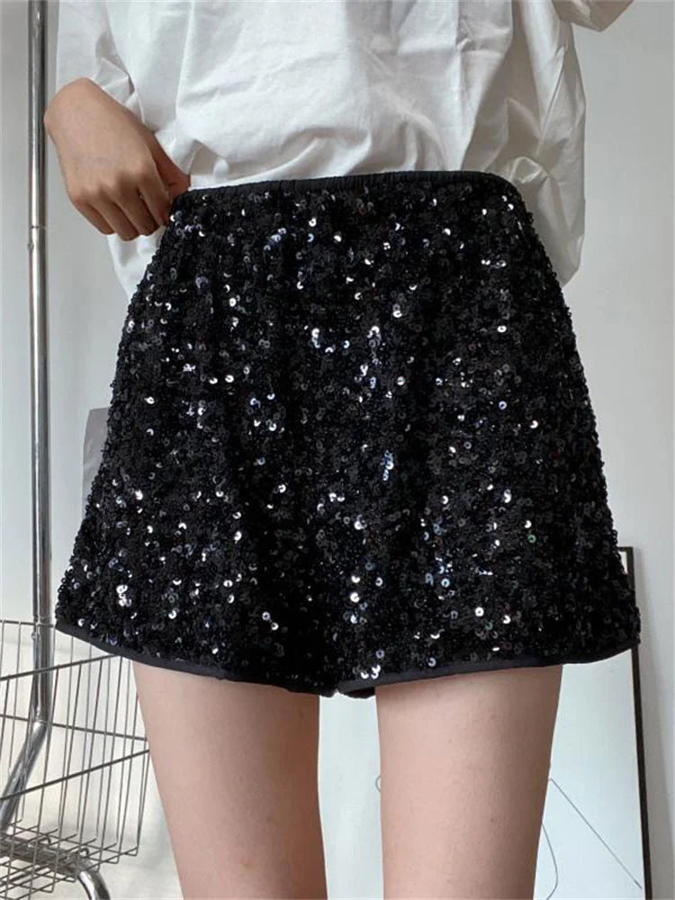 Sequin High Waist Patchwork Shorts for Summer Glitter Baggy Slim High Street Outfit Shorts Tracksuit