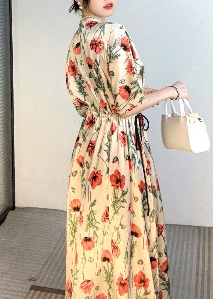 Handmade Apricot V Neck Print Cinched Holiday Long Dress Summer Ao1028