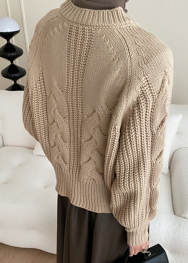 Khaki Cozy Knit Sweaters V Neck Fall Af1047