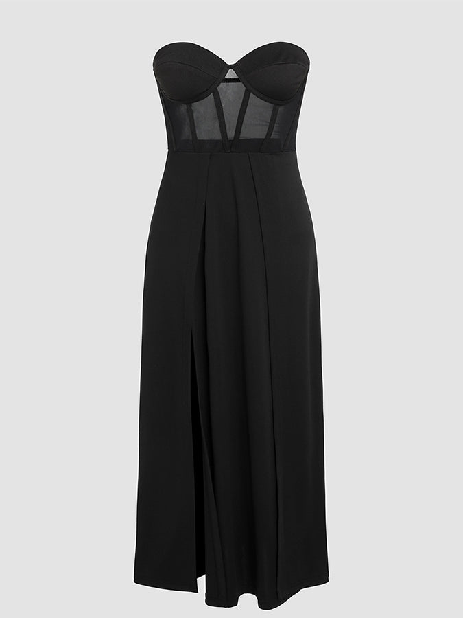Off Shoulder Mesh Paneled Slim Slit Maxi Dress