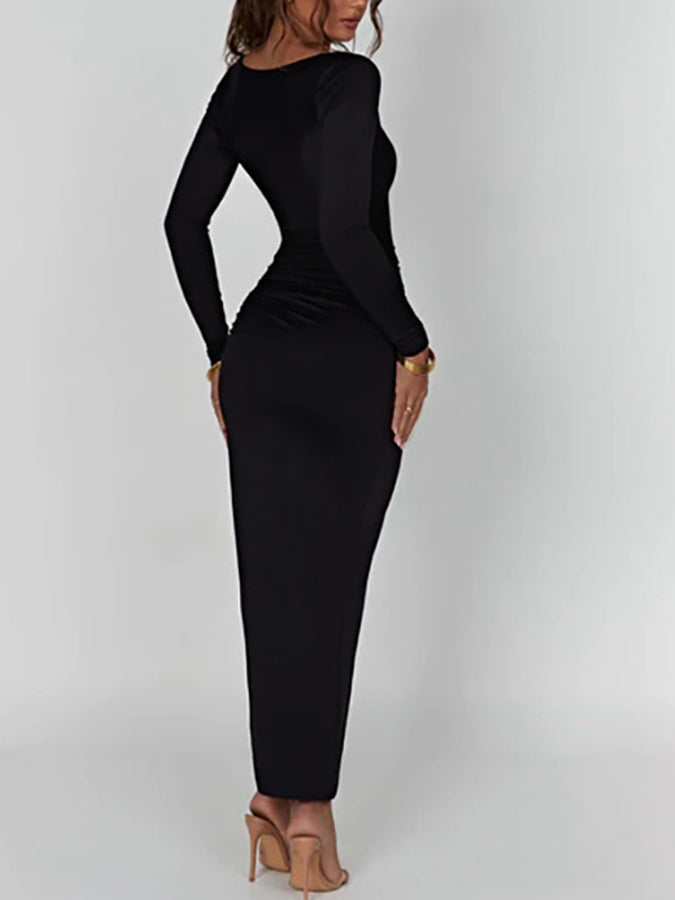 Square Neck Slit Long Sleeves Drawstring Maxi Dress