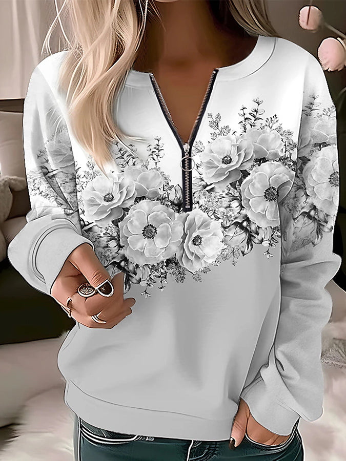 V Neck Zipper Long Sleeves Sweatershirt