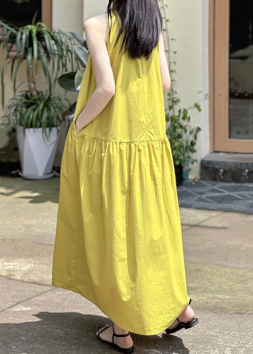 Yellow Pockets Cotton Long Dress Sleeveless Af1043