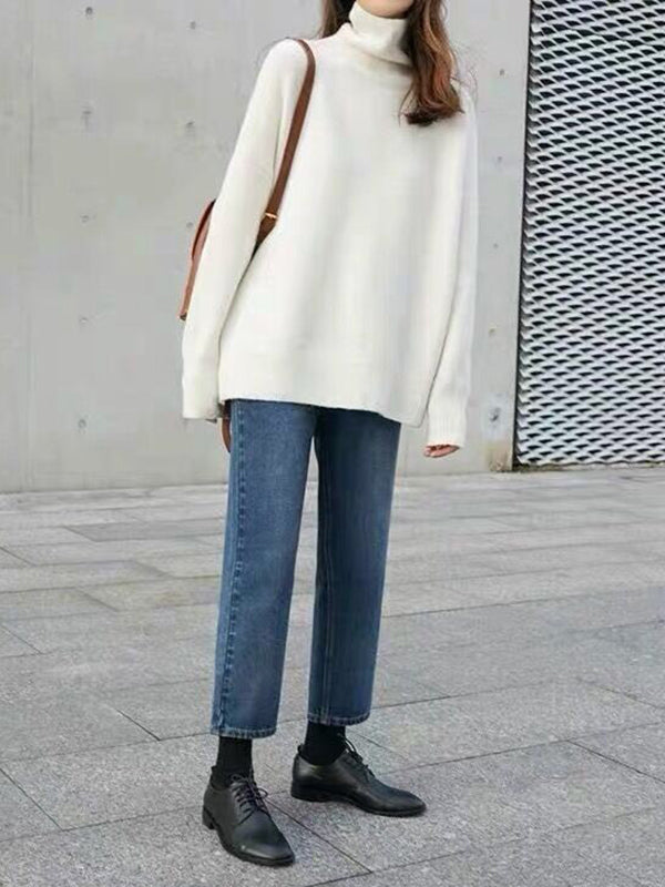 Street Loose Camel High-neck Long Sleeves Sweater Qx009