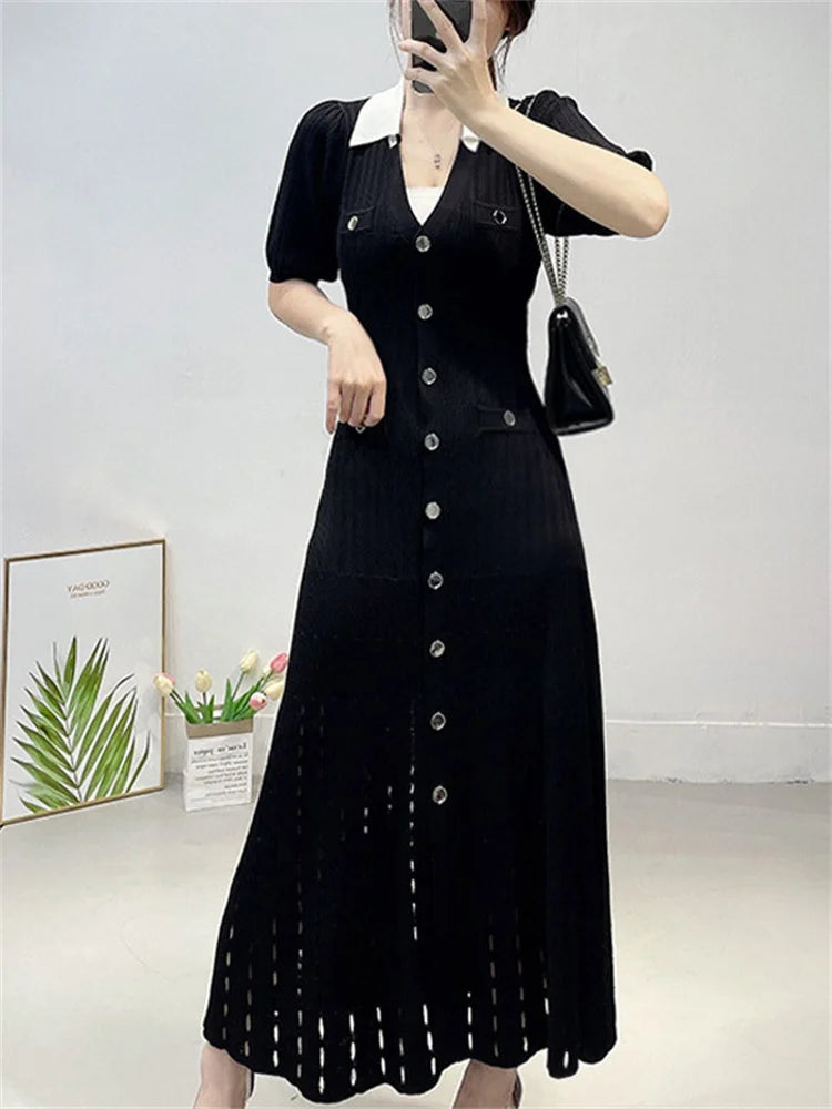 V-neck Knit Contrast Long Dress Hollow Out Lapel High Waist Party Dress Knitwear Maxi Dress